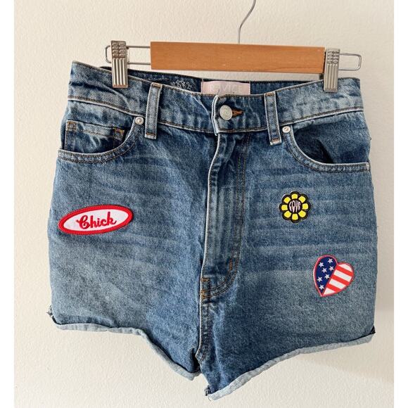 Revice Denim Patch Work High Rise Jean Shorts Stone Washed Blue - Picture 2 of 7